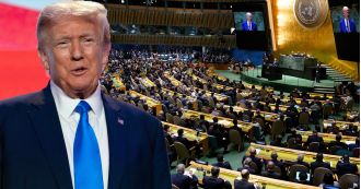Trump ridicules Biden's UN speech as audience looks at their phones.
