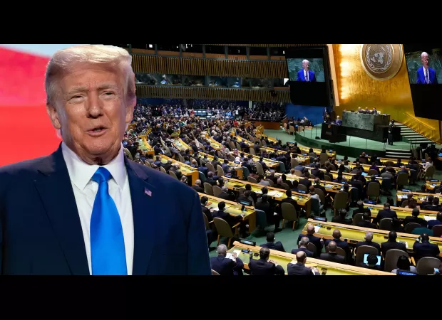 Trump ridicules Biden's UN speech as audience looks at their phones.