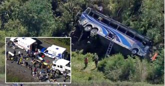 Two dead, five students critical after school bus plunges 50ft in crash.