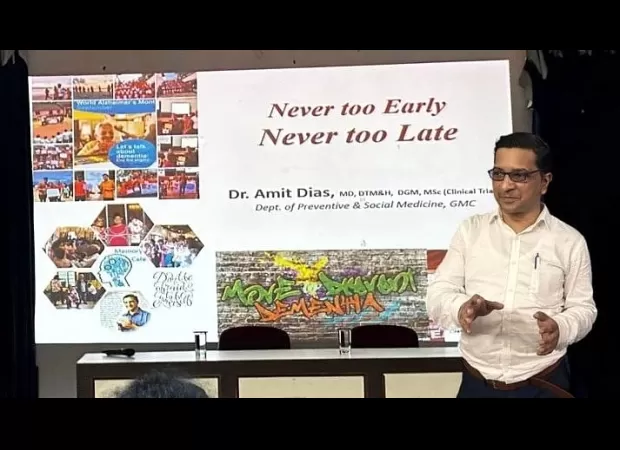 Dr Amit Dias lectures at Goa University on managing Alzheimer's on World Alzheimer's Day 2023.