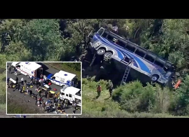 Two dead, five students critical after school bus plunges 50ft in crash.