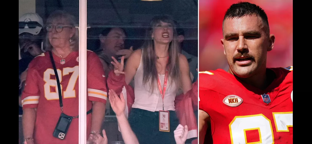 Taylor Swift cheers for Travis Kelce and his team, the Chiefs, with his mum, sparking dating rumours.