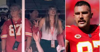 Taylor Swift cheers for Travis Kelce and his team, the Chiefs, with his mum, sparking dating rumours.