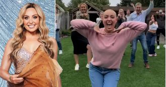 Amy Dowden celebrates her new look by dancing with joy after shaving her head.