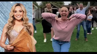 Amy Dowden celebrates her new look by dancing with joy after shaving her head.