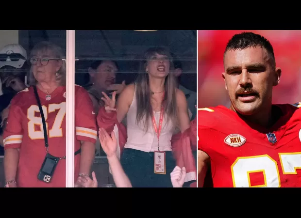 Taylor Swift cheers for Travis Kelce and his team, the Chiefs, with his mum, sparking dating rumours.