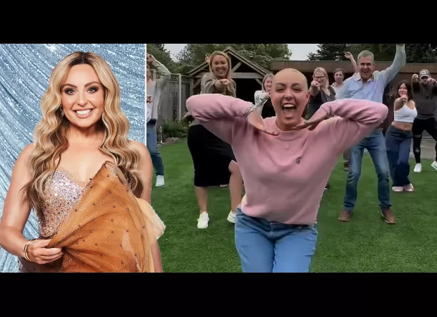 Amy Dowden celebrates her new look by dancing with joy after shaving her head.