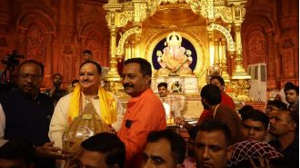 JP Nadda performed an aarti at the Dagdusheth Halwai Ganpati pandal in Pune. Photos shared online.