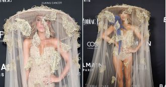 Kate Beckinsale stuns in a revealing bodysuit and huge hat at the Balmain Zodiac Ball.