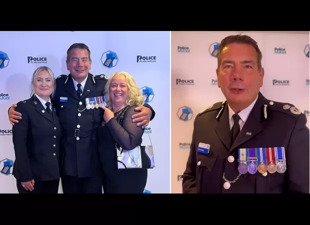 Cop wore war medal despite being too young to serve in Falklands War.