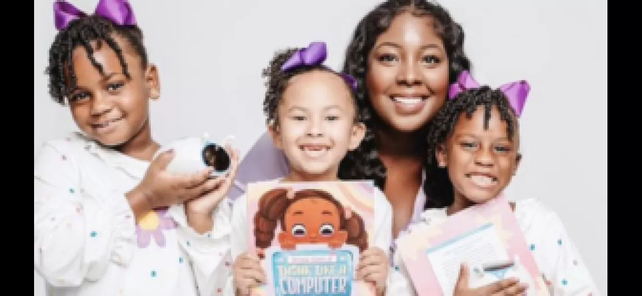 Female computer scientist inspiring black kids to learn coding through interactive toy robot and book series.