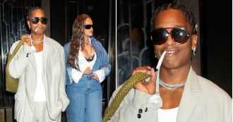 Rihanna and A$AP Rocky look great on date night, with Rihanna in double denim and A$AP with a big smile and a giant roll-up.