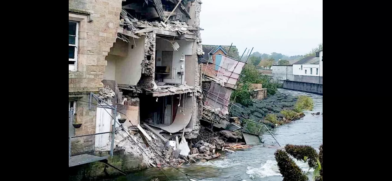 Former courthouse, listed as a Grade II building, has collapsed into a river, becoming an iconic image.