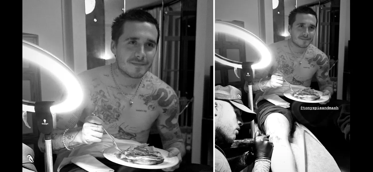Brooklyn Beckham tucks into pie and mash while getting a tattoo.