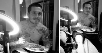 Brooklyn Beckham tucks into pie and mash while getting a tattoo.