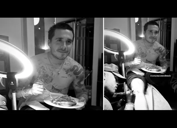 Brooklyn Beckham tucks into pie and mash while getting a tattoo.