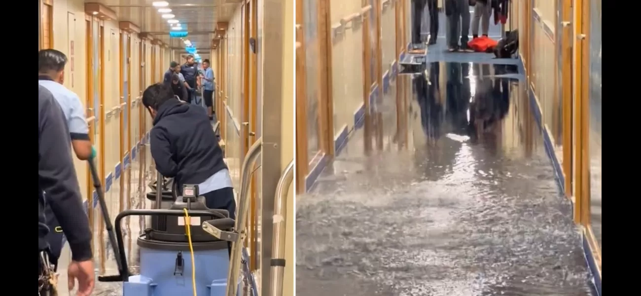 Passengers on cruise ship experience flooding hallway, like the Titanic disaster.
