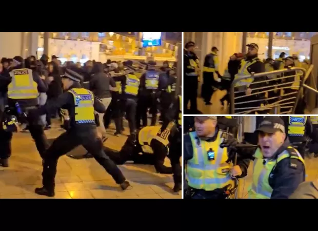 Brighton & Ajax fans clashed violently, resulting in a police officer being knocked down.