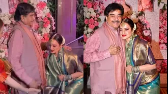 Rekha shows respect to Shatrughan and embraces Sonakshi at a Mumbai event; video shared widely online.