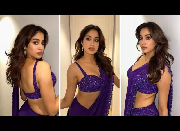 Janhvi Kapoor looks stunning in a deep purple saree, exuding classic Bollywood beauty vibes.