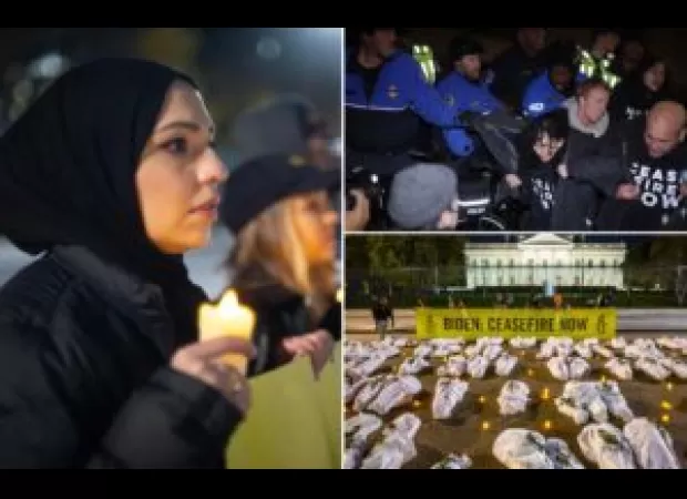 Protests over Israeli-Hamas fighting turn violent outside Democratic National Committee headquarters.