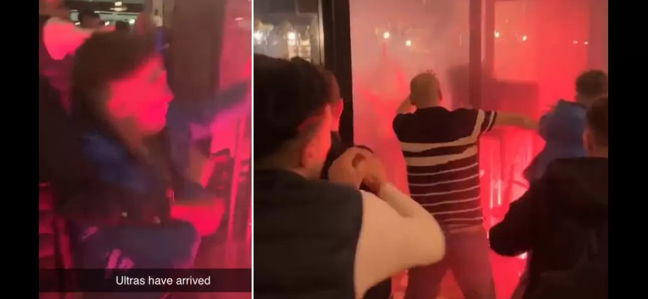 Newcastle fans attacked by PSG fans with thrown chairs and flares into windows.