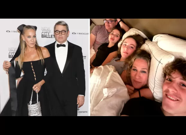 Sarah and Matthew cuddle with their three children in a sweet photo.