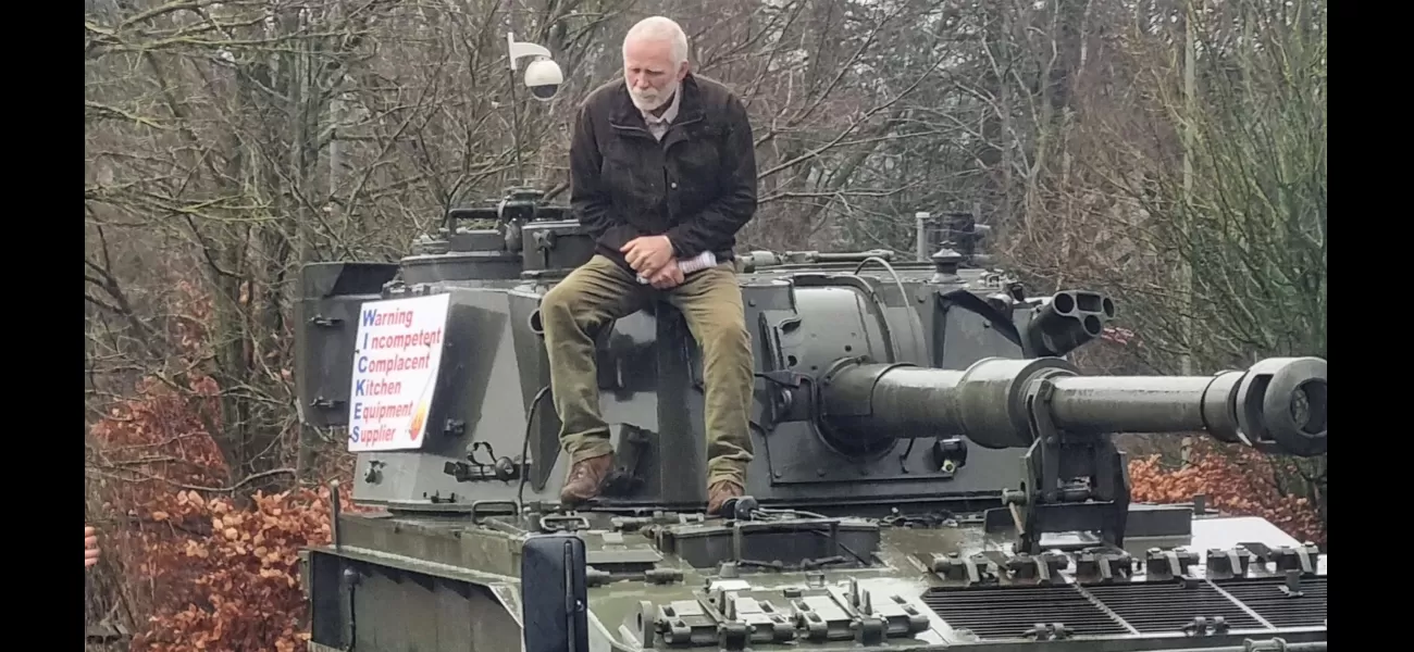 Man protests kitchen fitting by parking tank outside Wickes; was offered £25k for work.
