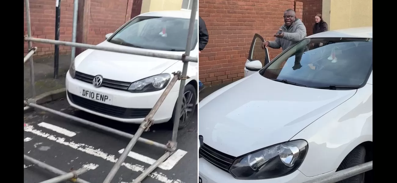Scaffolders get back at driver who refused to budge by trapping his car.