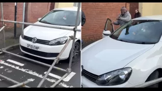 Scaffolders get back at driver who refused to budge by trapping his car.