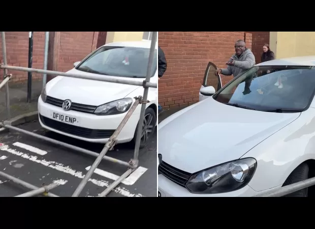 Scaffolders get back at driver who refused to budge by trapping his car.
