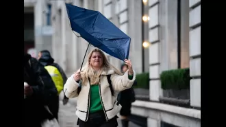 UK weather divided into three sections with yellow rain warning