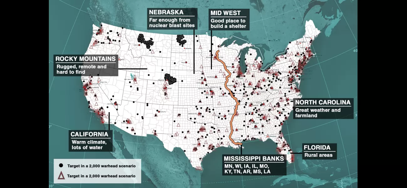 The map indicates the most ideal location to purchase a home in the US for surviving a nuclear war.