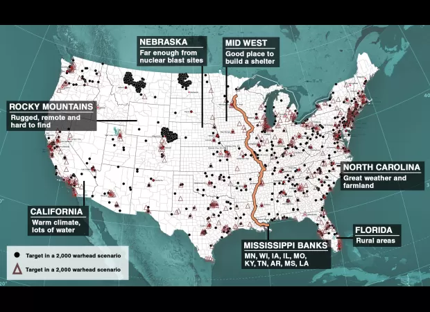 The map indicates the most ideal location to purchase a home in the US for surviving a nuclear war.
