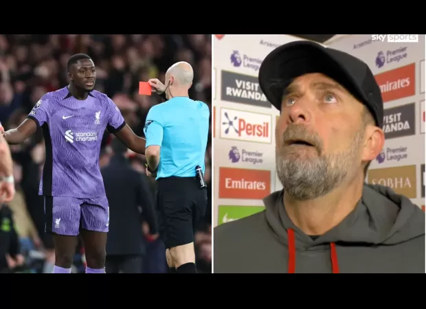 Klopp angry at ref for 'unbelievable' red card for Ibrahima Konate against Arsenal.