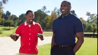 Martin Lawrence shows off his muscles to impress Shannon Sharpe in an Oikos Super Bowl ad.