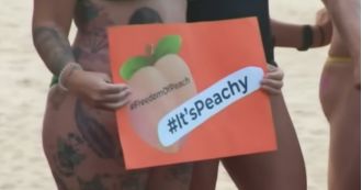 Australians protest G-string ban by showing off their bare bottoms at the beach.