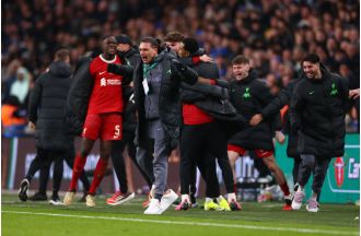 Nunez's priceless reaction to Van Dijk's goal in Liverpool's Carabao Cup final victory against Chelsea.