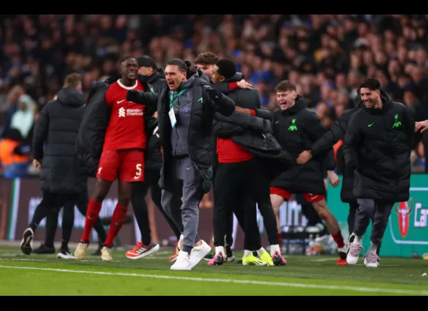 Nunez's priceless reaction to Van Dijk's goal in Liverpool's Carabao Cup final victory against Chelsea.