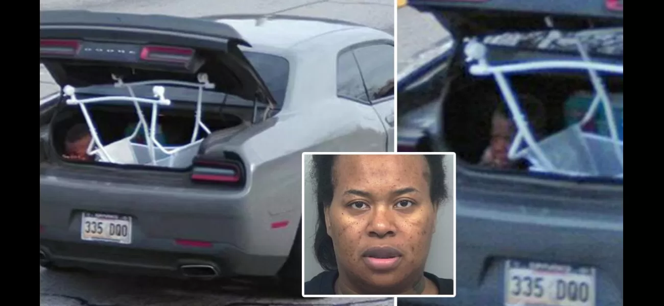 Mother caught driving with son holding down baby bassinet in open car trunk.