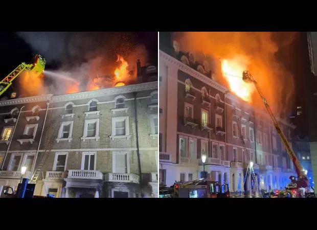 A major fire engulfs London apartments, resulting in 11 individuals hospitalized.