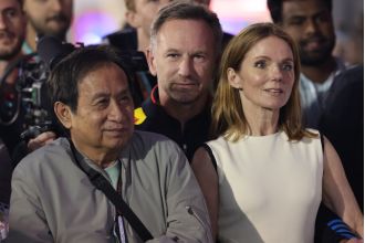 Geri Halliwell appears to be upset while out with Christian Horner following a WhatsApp scandal.