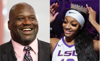 Shaquille O’Neal accompanies Angel Reese on her senior day at LSU basketball court.