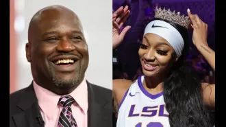 Shaquille O’Neal accompanies Angel Reese on her senior day at LSU basketball court.