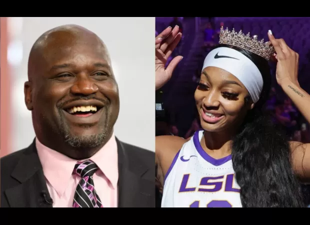 Shaquille O’Neal accompanies Angel Reese on her senior day at LSU basketball court.