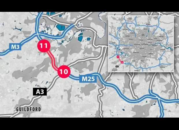 The map displays the location of the upcoming weekend closure on the UK's busiest motorway.