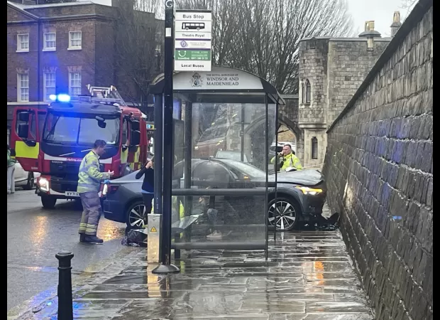 Vehicle smashes into historic castle, causing damage to walls.