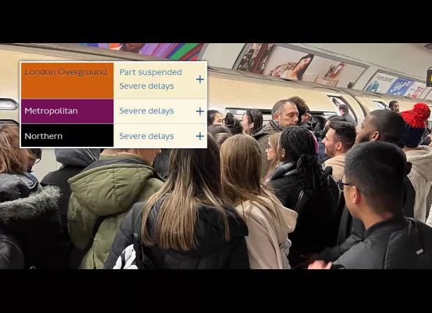 A broken train in London creates major travel disruption and long delays.