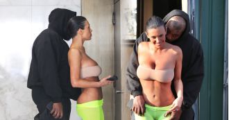 Kanye West publicly reveals Bianca Censori's rear end by pulling down her leggings during their romantic outing.