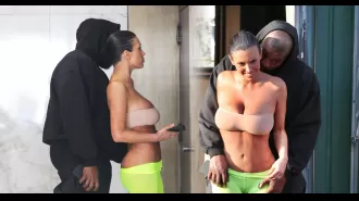 Kanye West publicly reveals Bianca Censori's rear end by pulling down her leggings during their romantic outing.